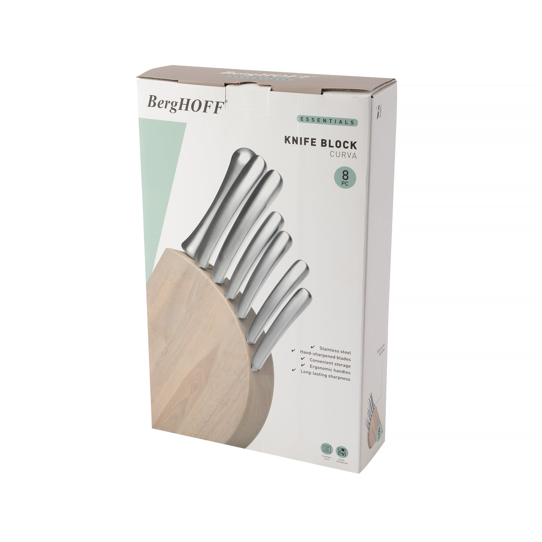 BergHOFF 8-pc Knife Block - Wooden Block with 6 Stainless Steel Knives & Built-in Sharpener