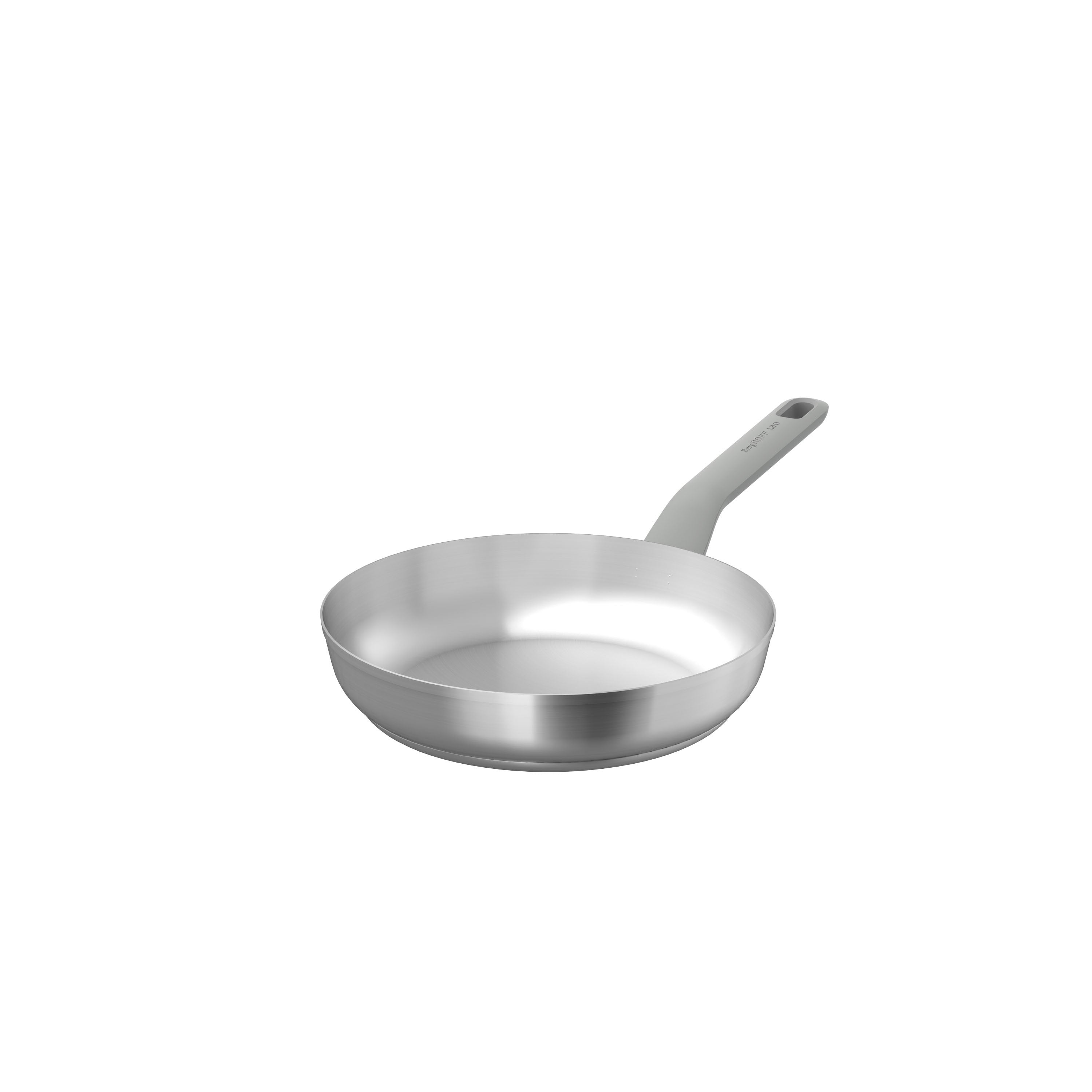 24 cm frying pan with a sleek silver surface and a light gray handle