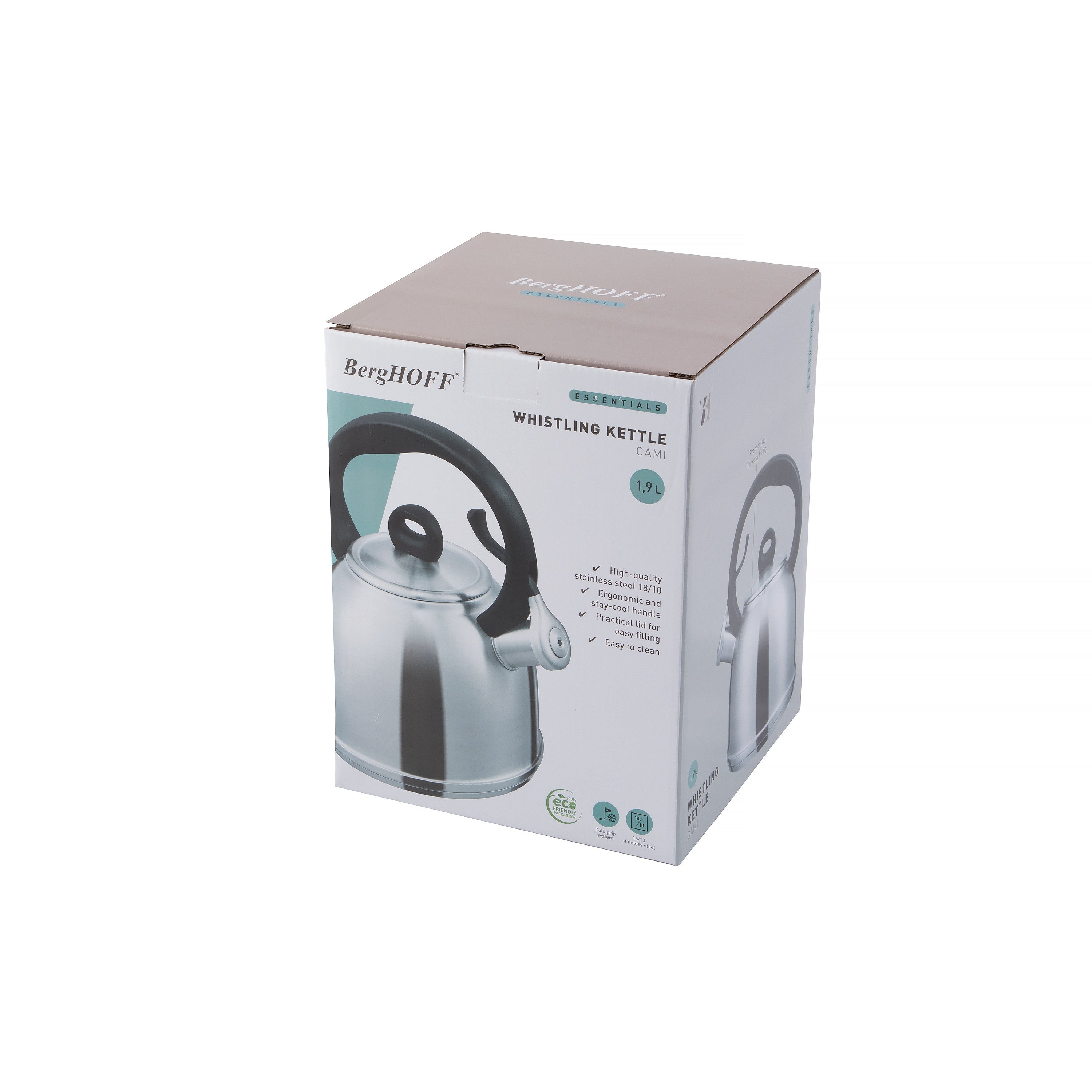 BergHOFF Whistling Kettle Cami 1.9L - Stainless Steel with Flip-Up Spout Cover for Safe Pouring