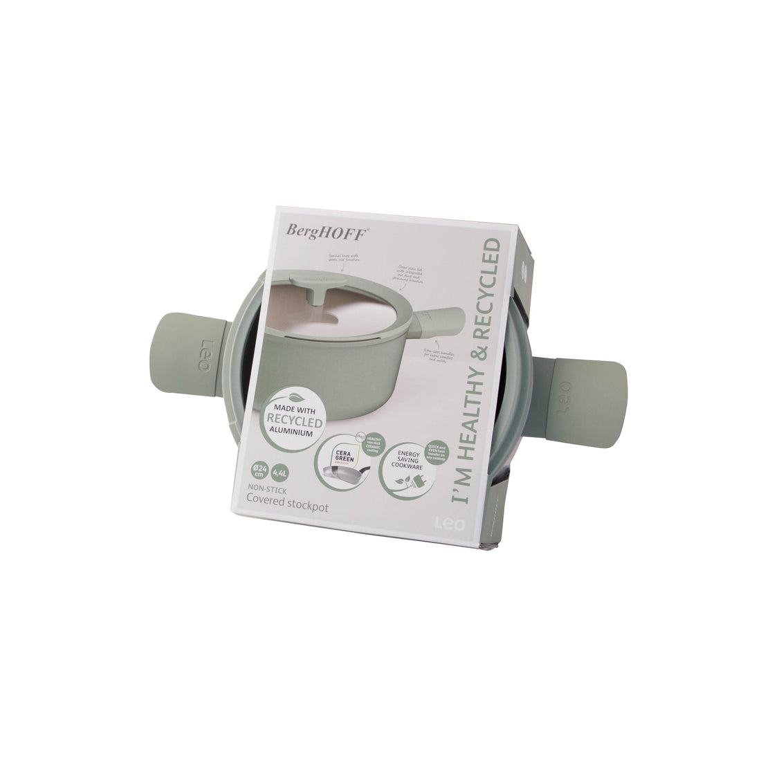 BergHOFF 24cm Covered Stockpot - Balance Sage with Ceramic Non-Stick & Glass Lid with Spoon Rest