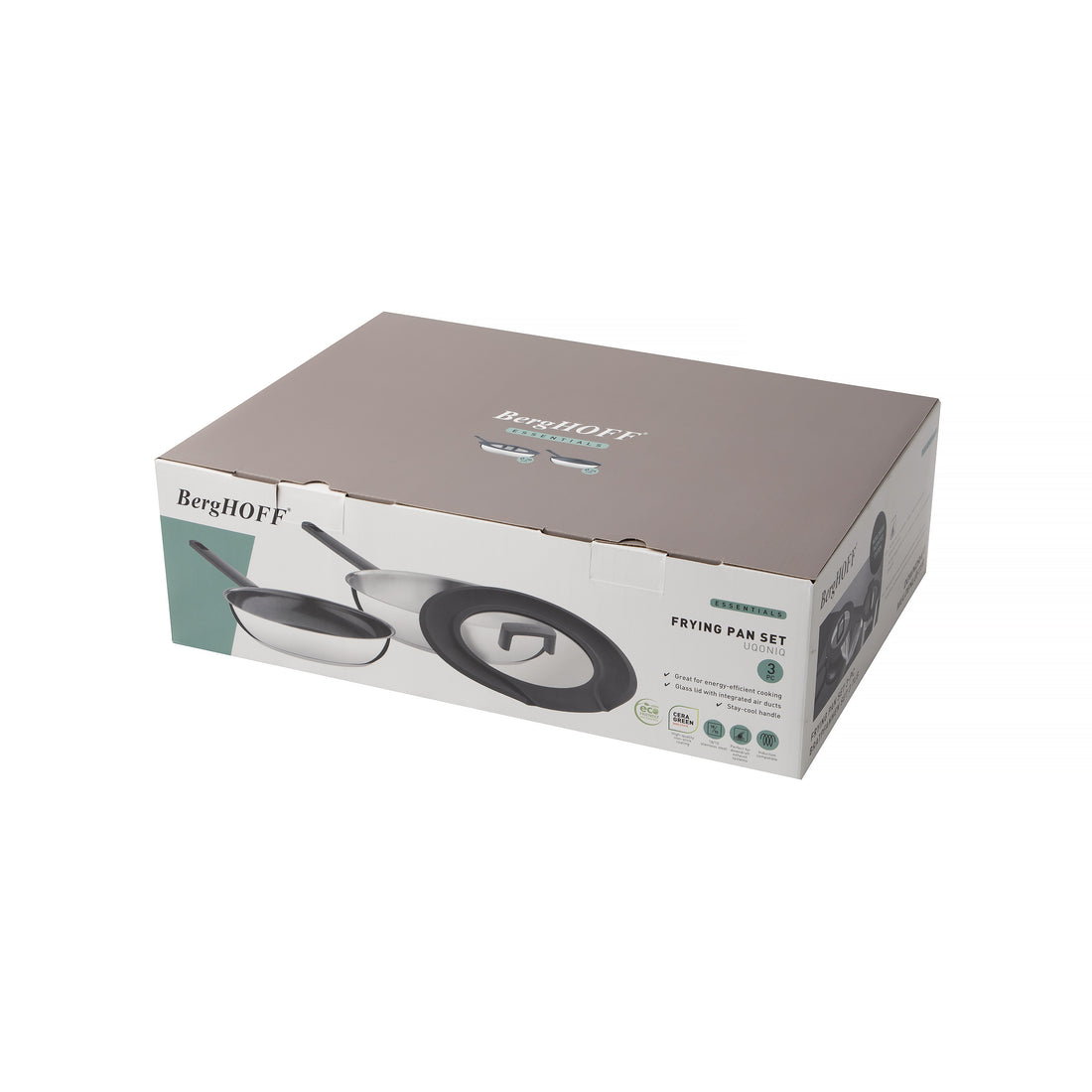 BergHOFF 3-Piece Frying Pan Set - Non-Stick Uqonic Downdraft Pans with Universal Silicone Glass Lid